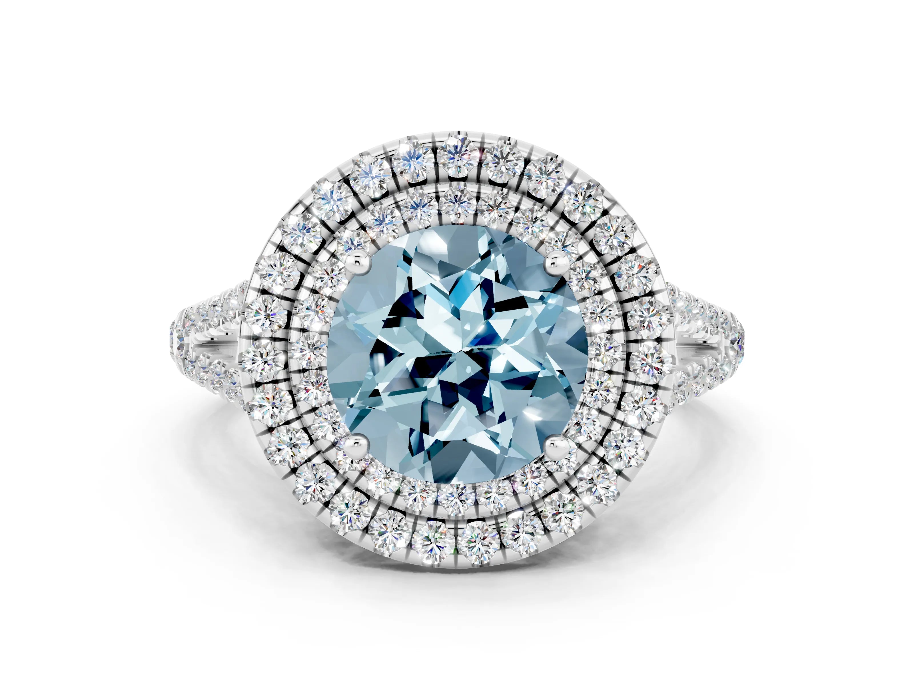 White gold Round Cut Aquamarine Double Halo Ring with Pavé Band and Prong Setting_12