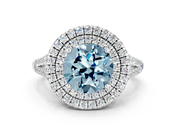 Platinum Round Cut Aquamarine Double Halo Ring with Pavé Band and Prong Setting