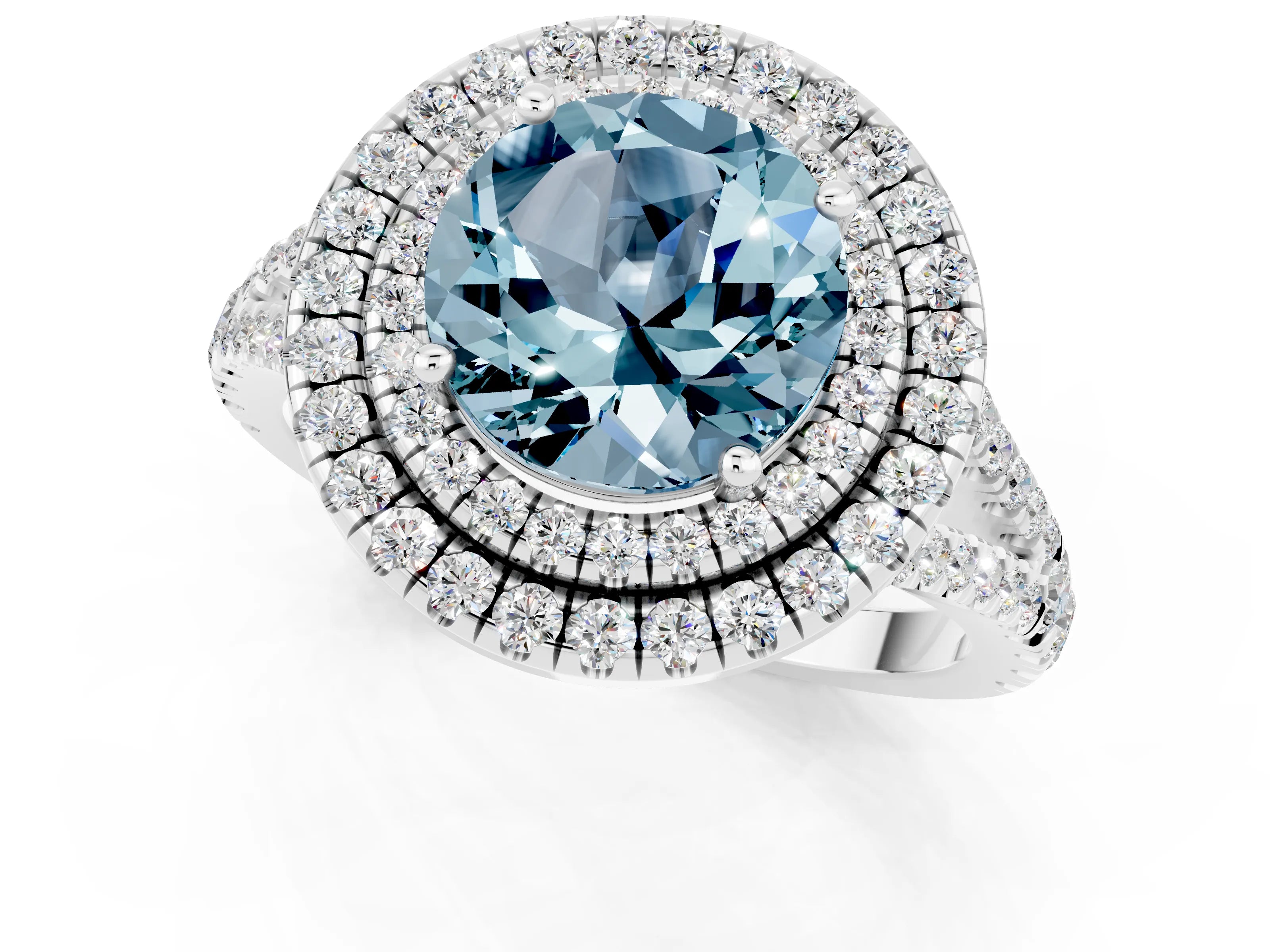 White gold Round Cut Aquamarine Double Halo Ring with Pavé Band and Prong Setting_13