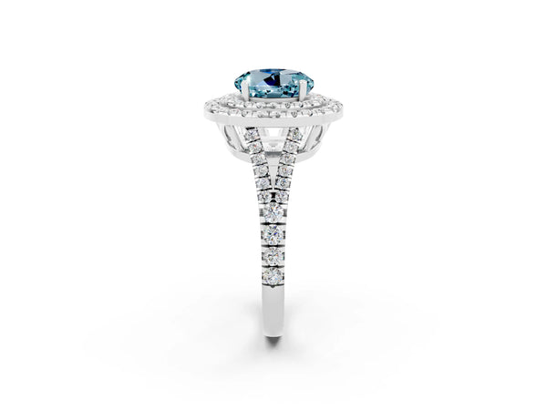Silver Round Cut Aquamarine Double Halo Ring with Pavé Band and Prong Setting