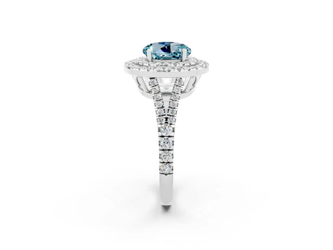 White gold Round Cut Aquamarine Double Halo Ring with Pavé Band and Prong Setting_14
