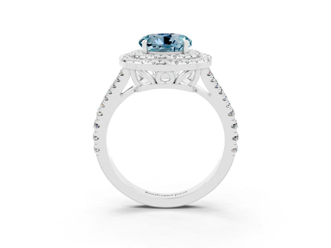 White gold Round Cut Aquamarine Double Halo Ring with Pavé Band and Prong Setting_15