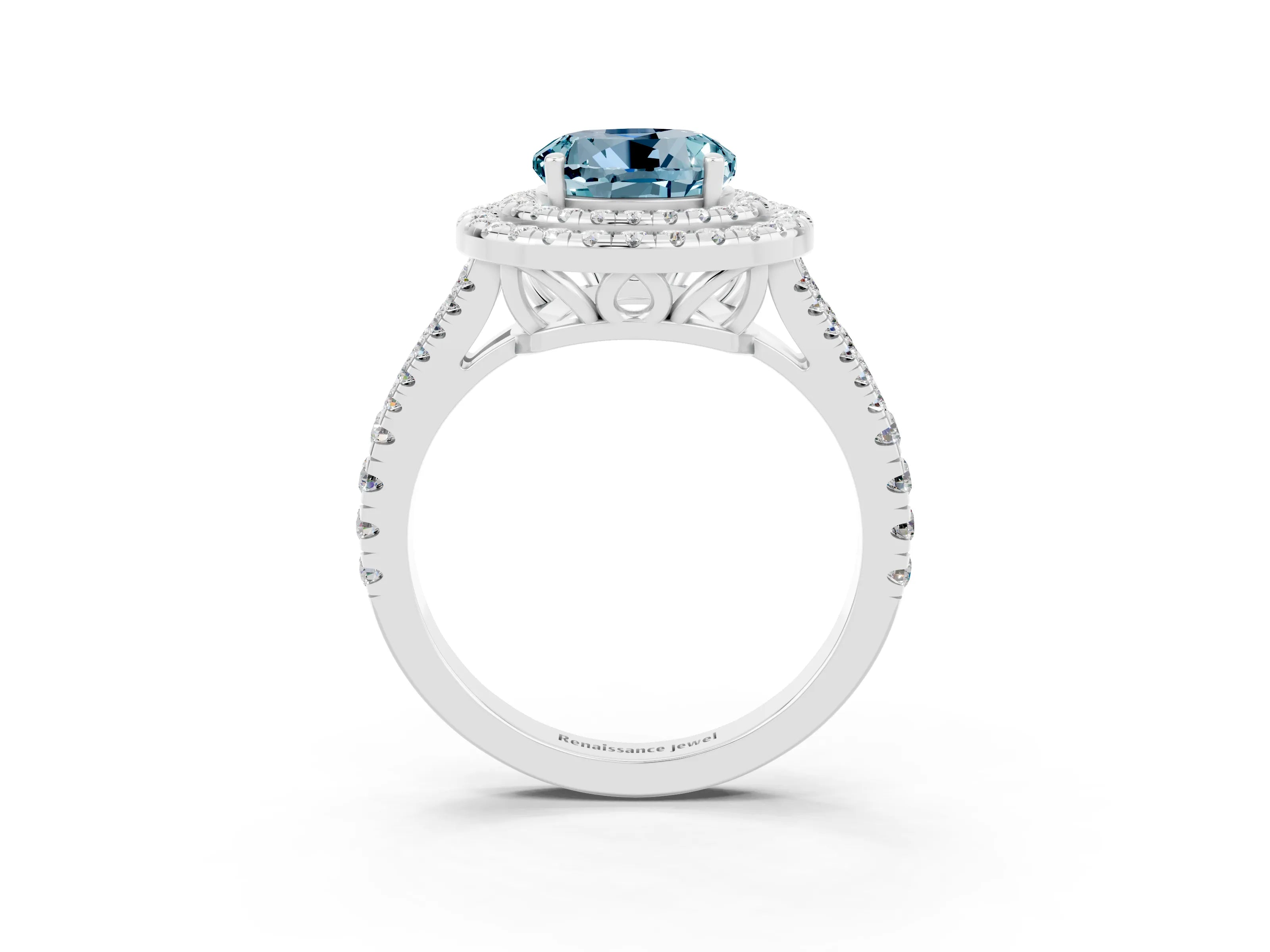 White gold Round Cut Aquamarine Double Halo Ring with Pavé Band and Prong Setting_15