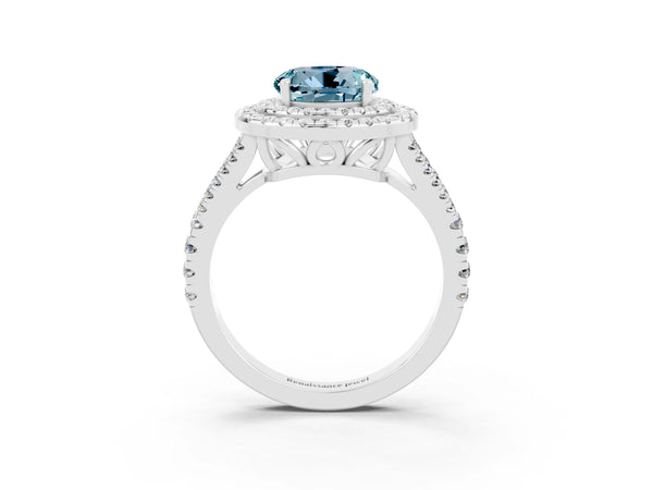Silver Round Cut Aquamarine Double Halo Ring with Pavé Band and Prong Setting