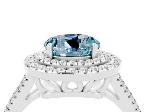White gold Round Cut Aquamarine Double Halo Ring with Pavé Band and Prong Setting_16