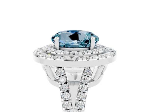 White gold Round Cut Aquamarine Double Halo Ring with Pavé Band and Prong Setting_17