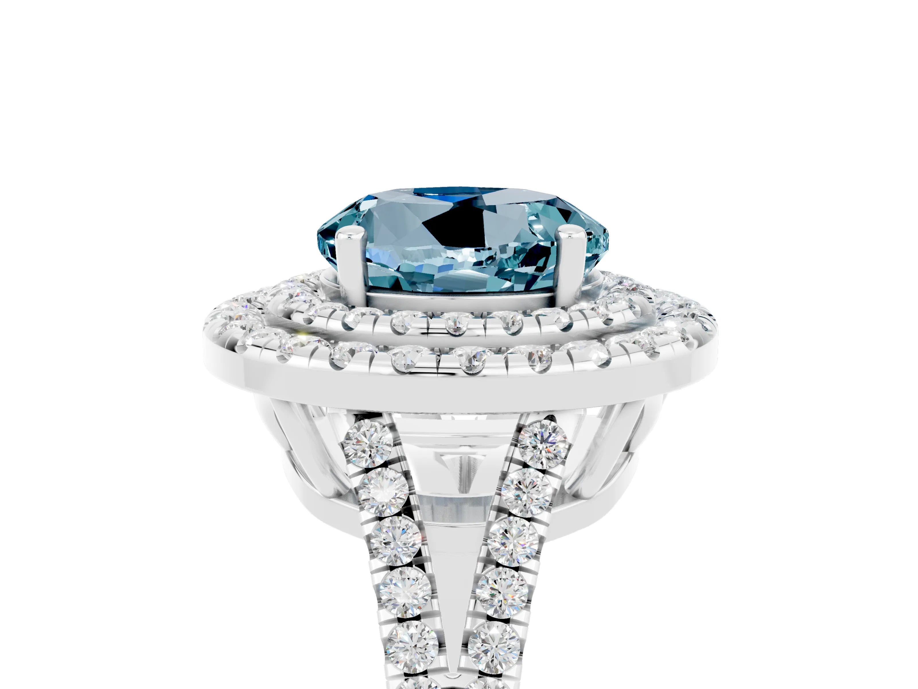 White gold Round Cut Aquamarine Double Halo Ring with Pavé Band and Prong Setting_17