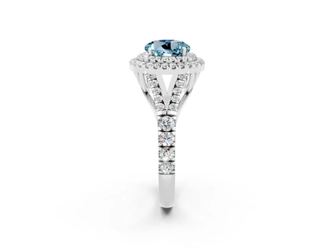 White gold Round Cut Aquamarine Double Halo Ring with Split Shank and Prong Setting_14