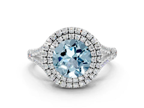 White gold Round Cut Aquamarine Double Halo Ring with Split Shank and Prong Setting_21