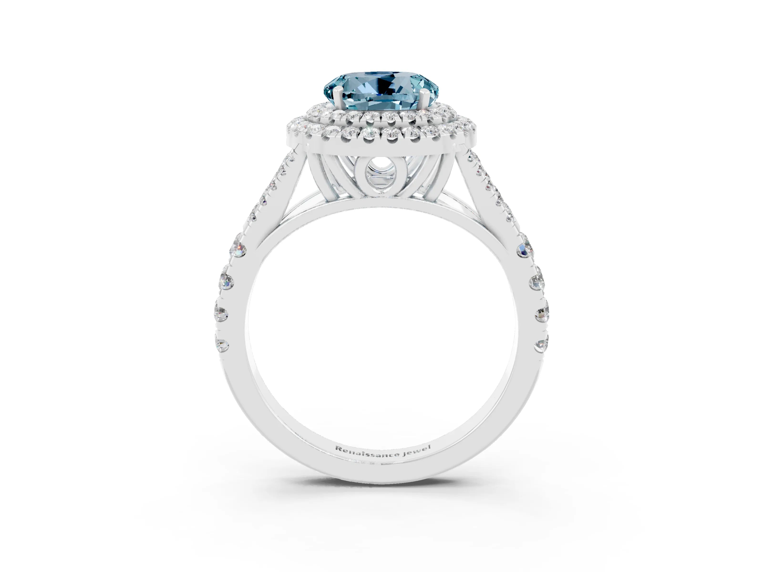 White gold Round Cut Aquamarine Double Halo Ring with Split Shank and Prong Setting_24