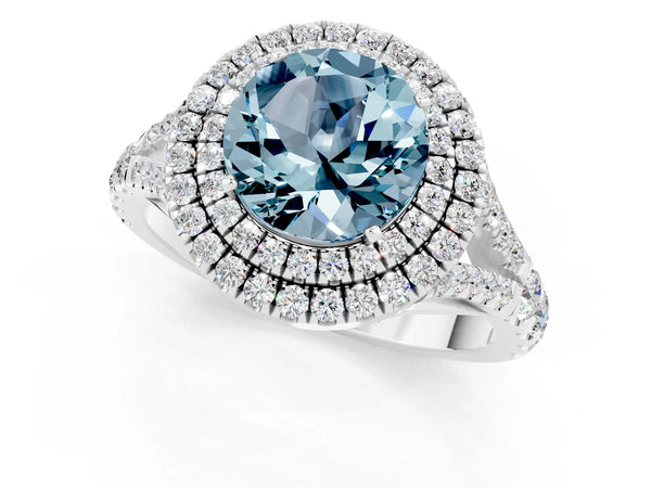Platinum Round Cut Aquamarine Double Halo Ring with Split Shank and Prong Setting