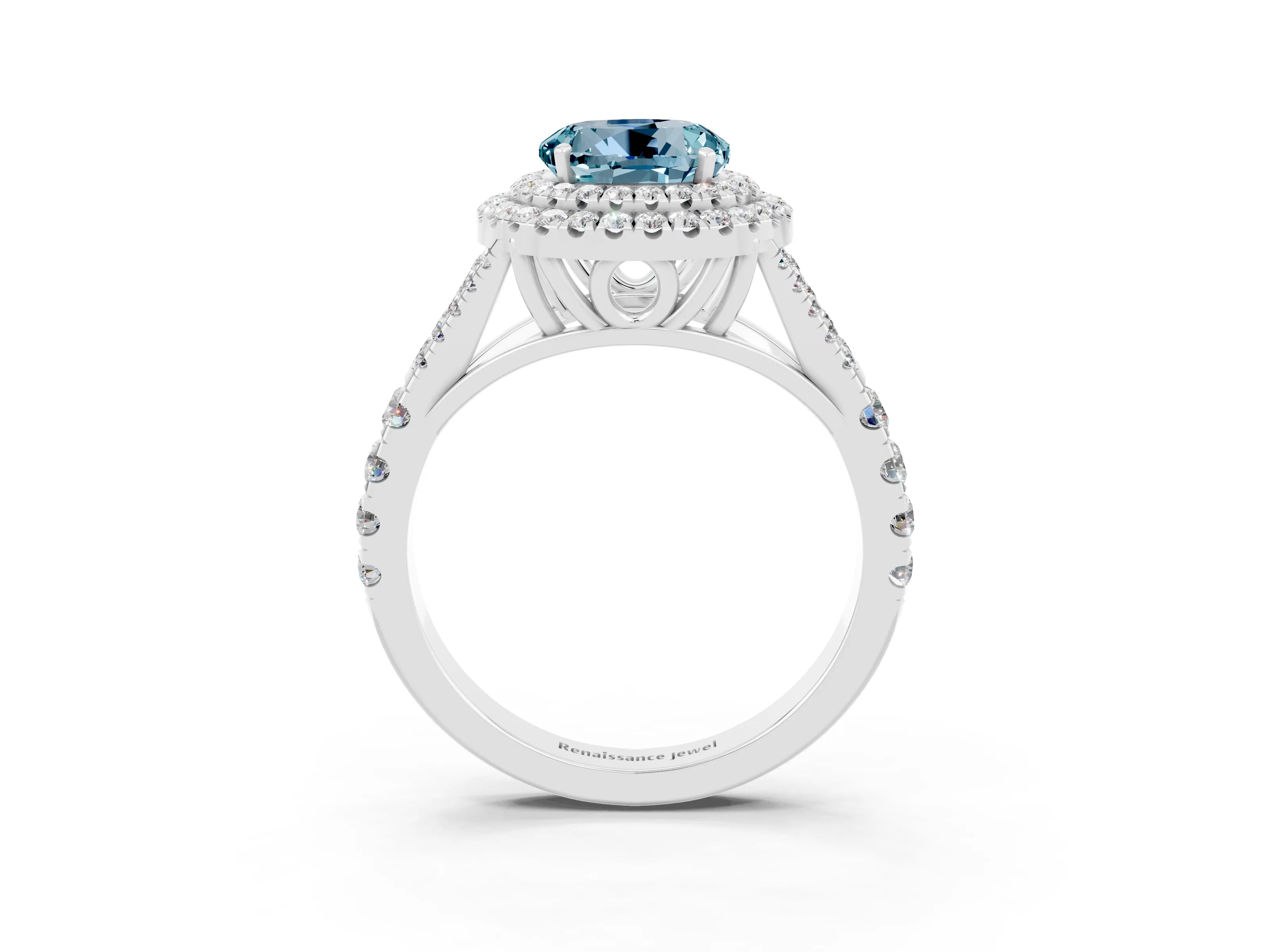 White gold Round Cut Aquamarine Double Halo Ring with Split Shank and Prong Setting_27