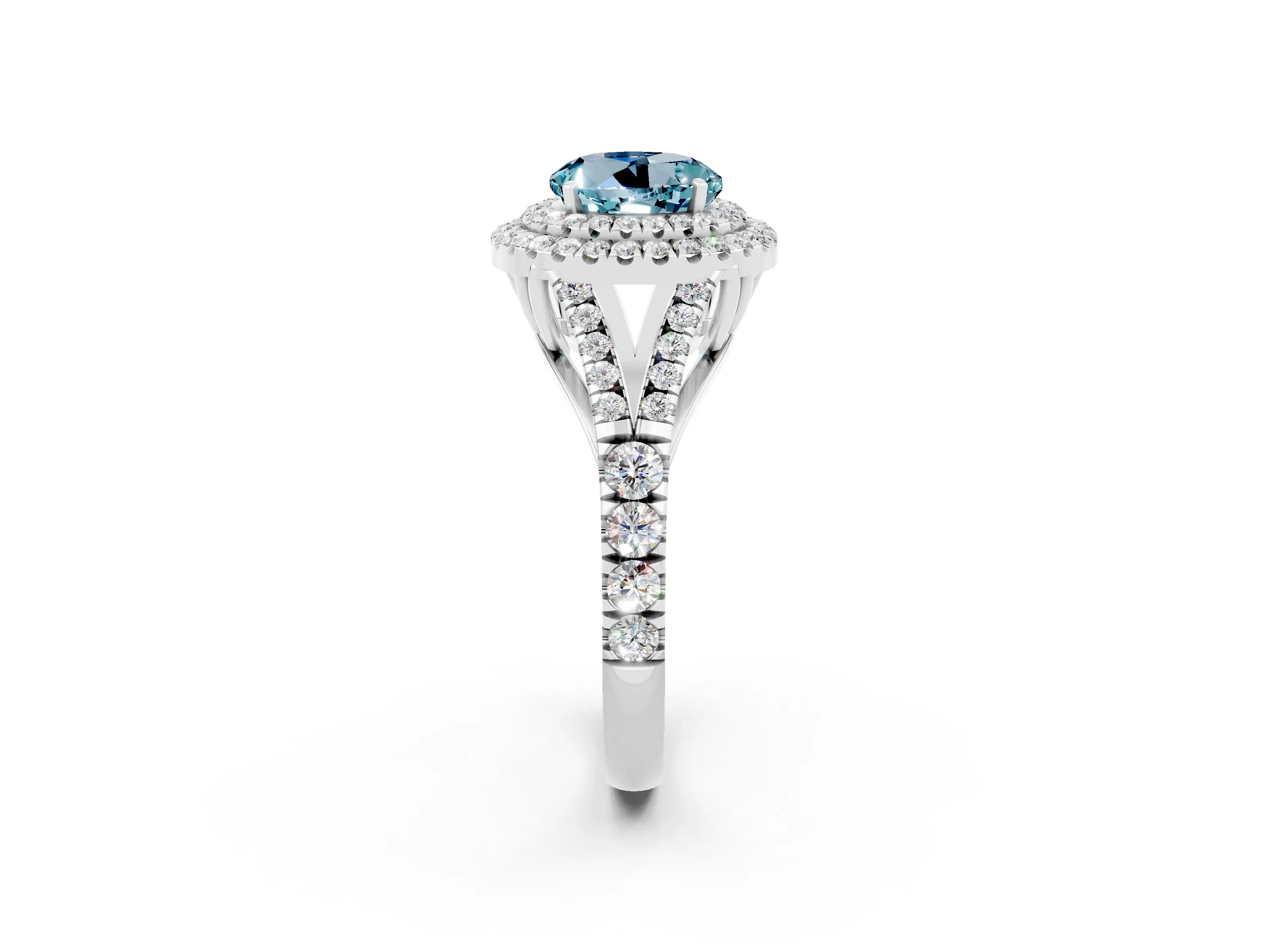 White gold Round Cut Aquamarine Double Halo Ring with Split Shank and Prong Setting_32