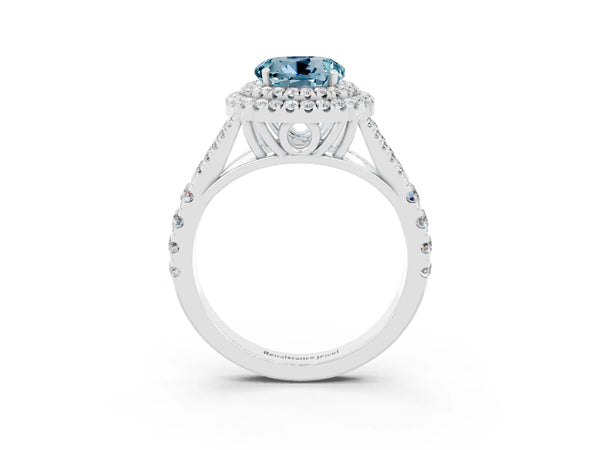 White gold Round Cut Aquamarine Double Halo Ring with Split Shank and Prong Setting