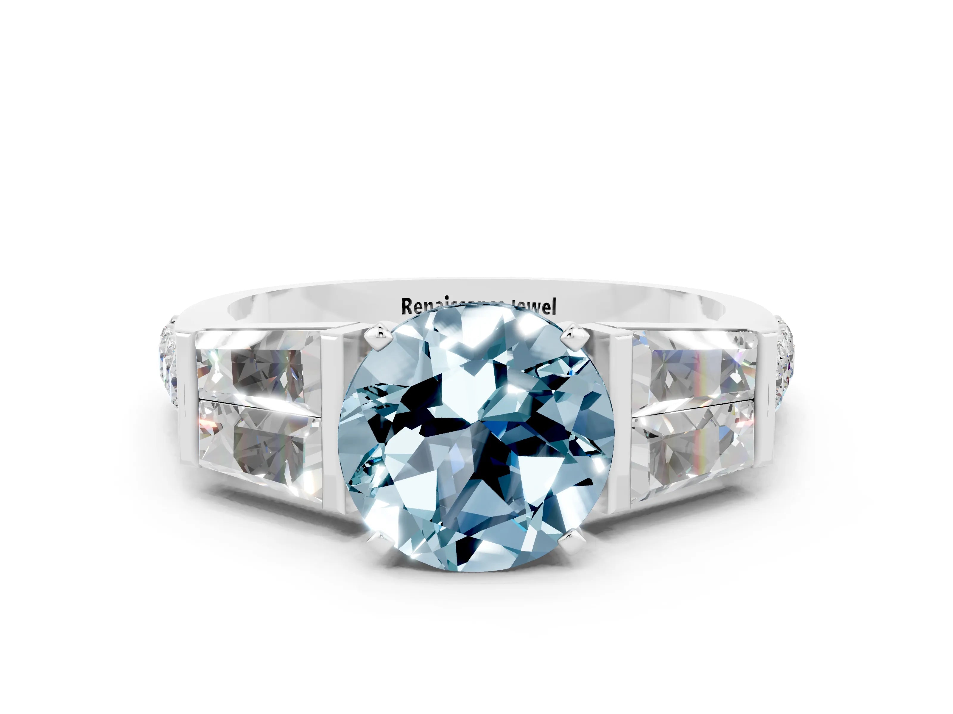 White gold Round Cut Aquamarine Engagement Ring with Baguette Side Stones and Channel Set Band