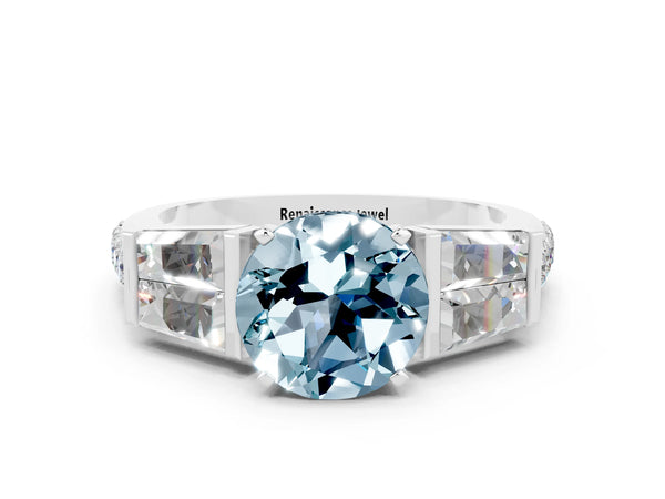 Platinum Round Cut Aquamarine Engagement Ring with Baguette Side Stones and Channel Set Band