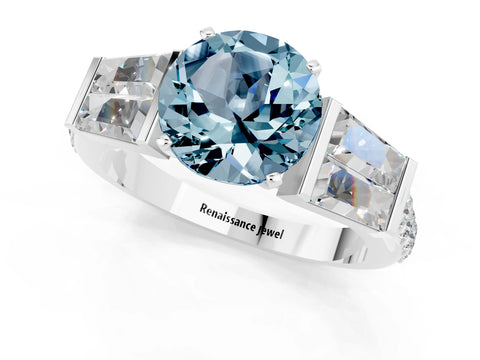White gold Round Cut Aquamarine Engagement Ring with Baguette Side Stones and Channel Set Band_1