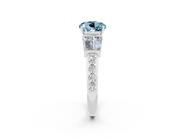 Platinum Round Cut Aquamarine Engagement Ring with Baguette Side Stones and Channel Set Band