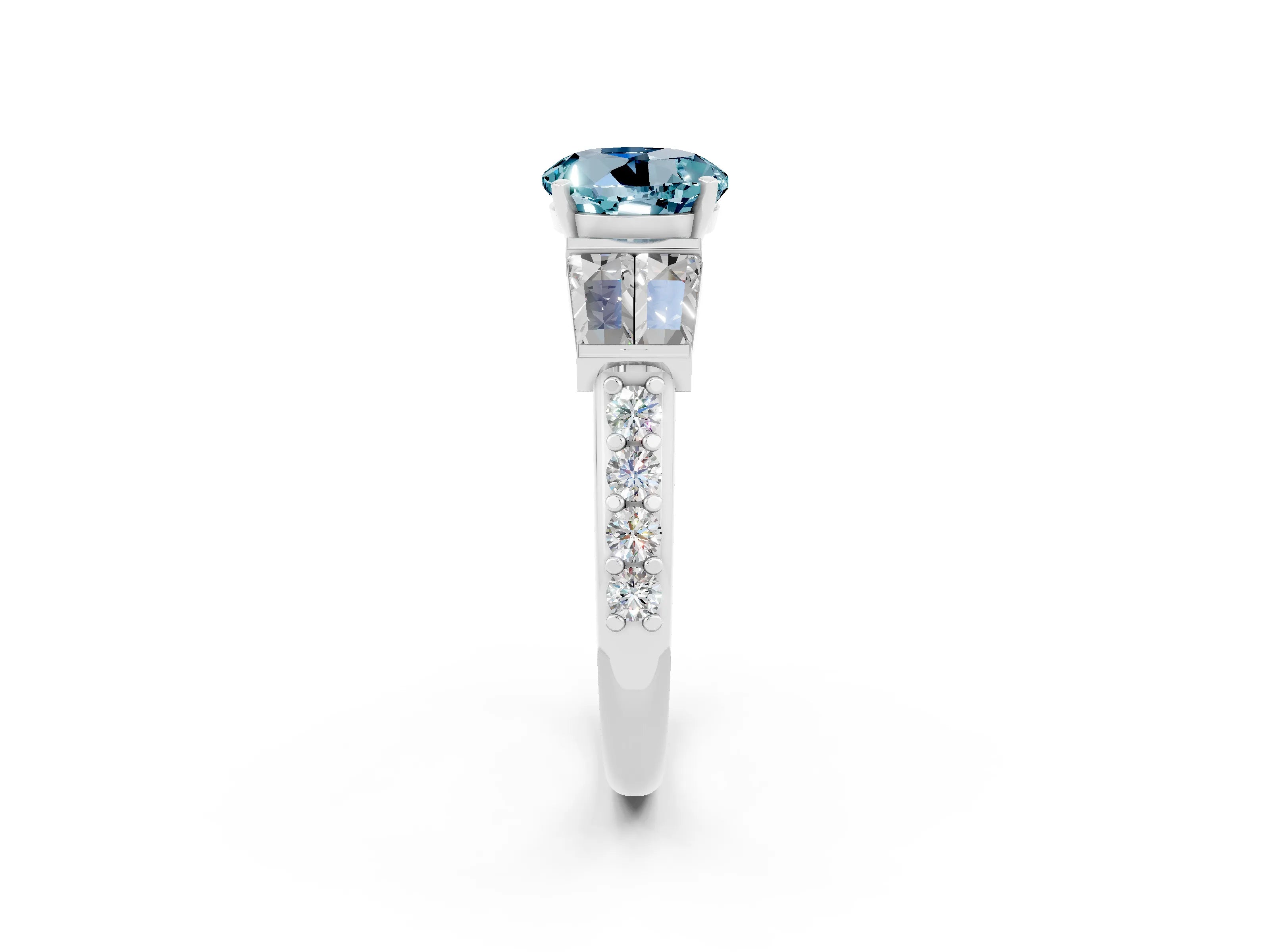 White gold Round Cut Aquamarine Engagement Ring with Baguette Side Stones and Channel Set Band_2