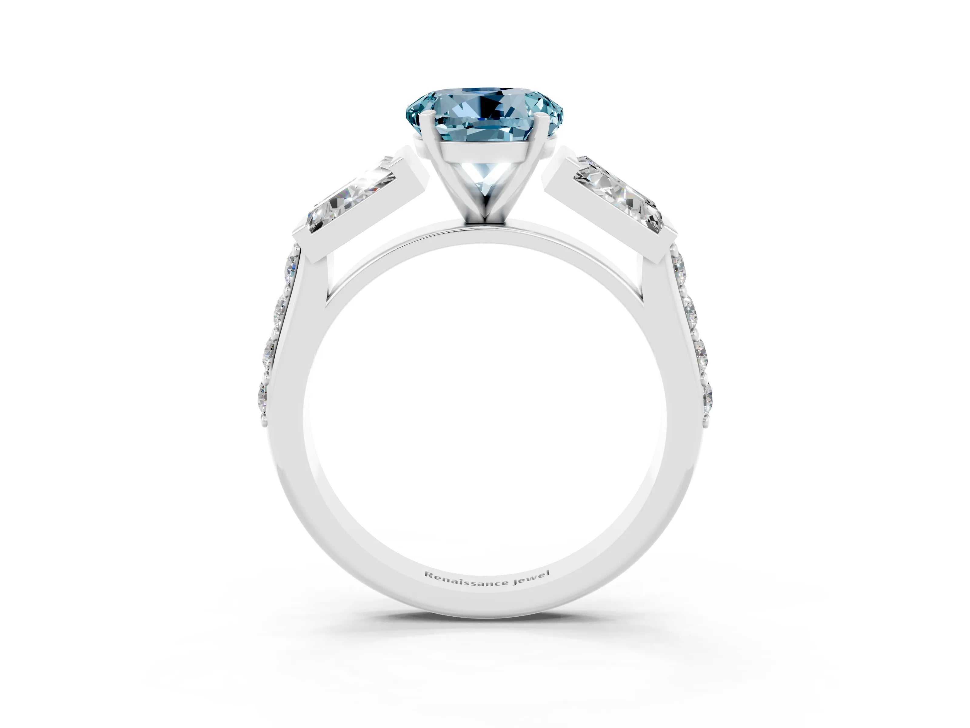 White gold Round Cut Aquamarine Engagement Ring with Baguette Side Stones and Channel Set Band_3