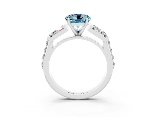Silver Round Cut Aquamarine Engagement Ring with Baguette Side Stones and Channel Set Band
