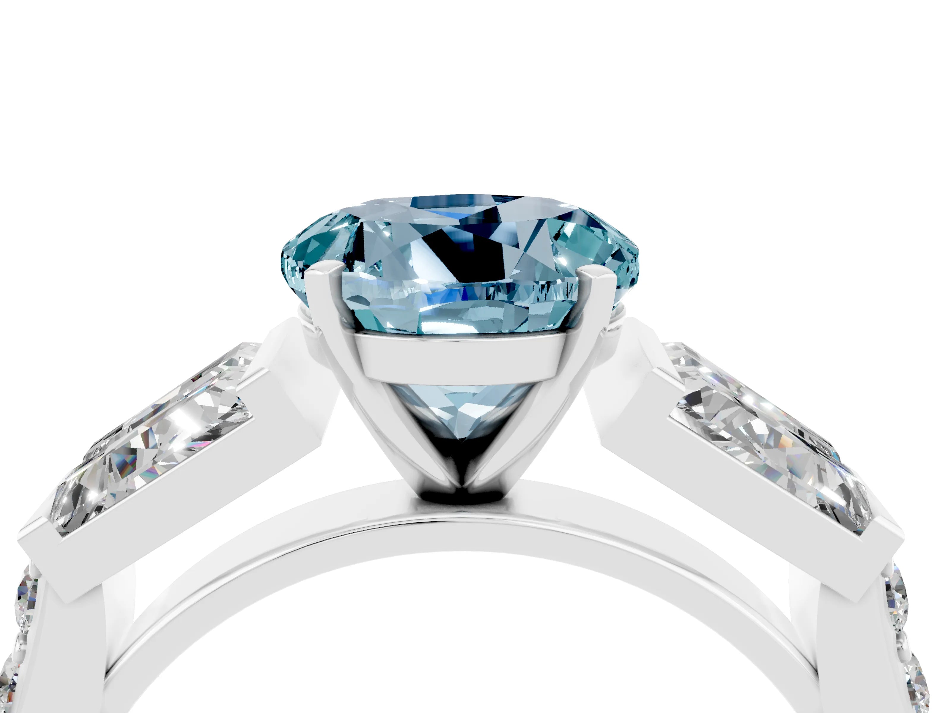 White gold Round Cut Aquamarine Engagement Ring with Baguette Side Stones and Channel Set Band_4