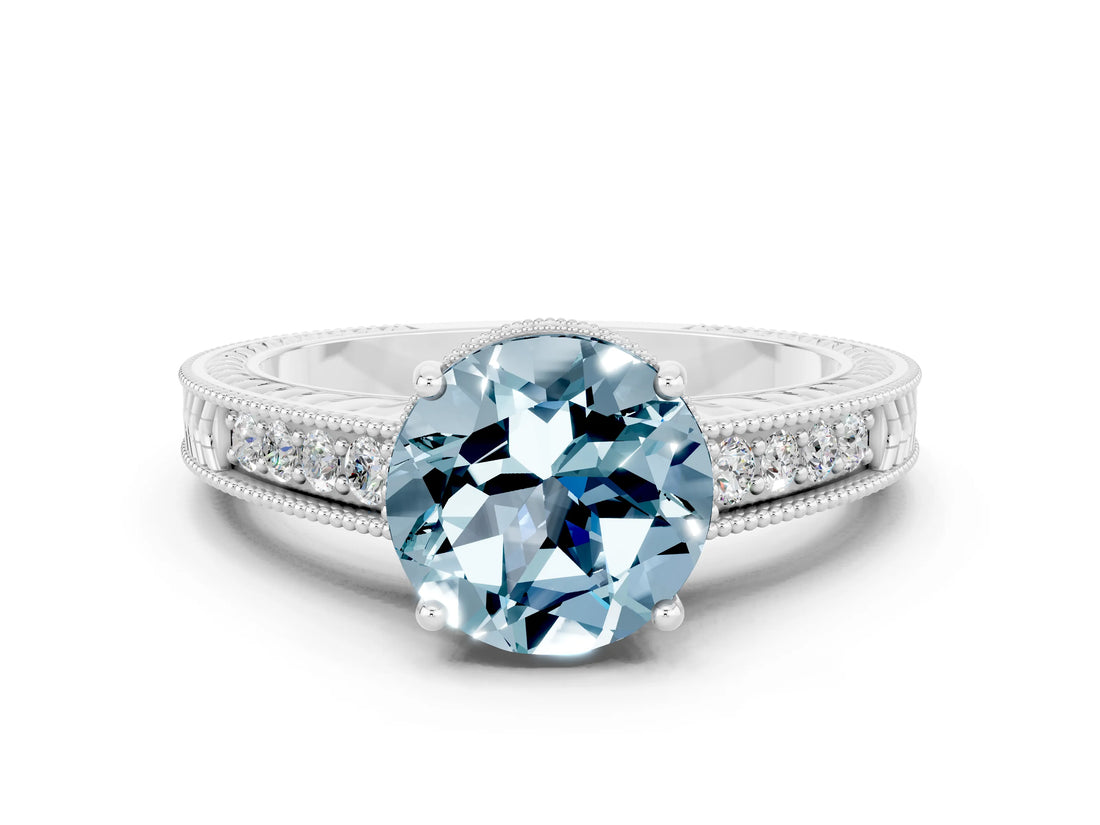 White gold Round Cut Aquamarine Engagement Ring with Milgrain Channel Set Band and Prong Setting