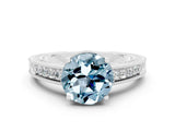 White gold Round Cut Aquamarine Engagement Ring with Milgrain Channel Set Band and Prong Setting