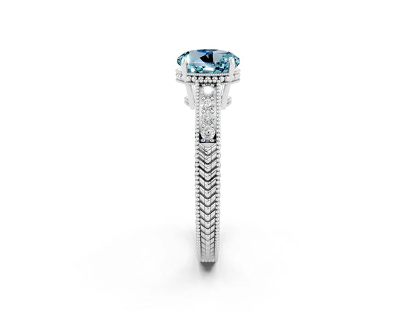 Platinum Round Cut Aquamarine Engagement Ring with Milgrain Channel Set Band and Prong Setting