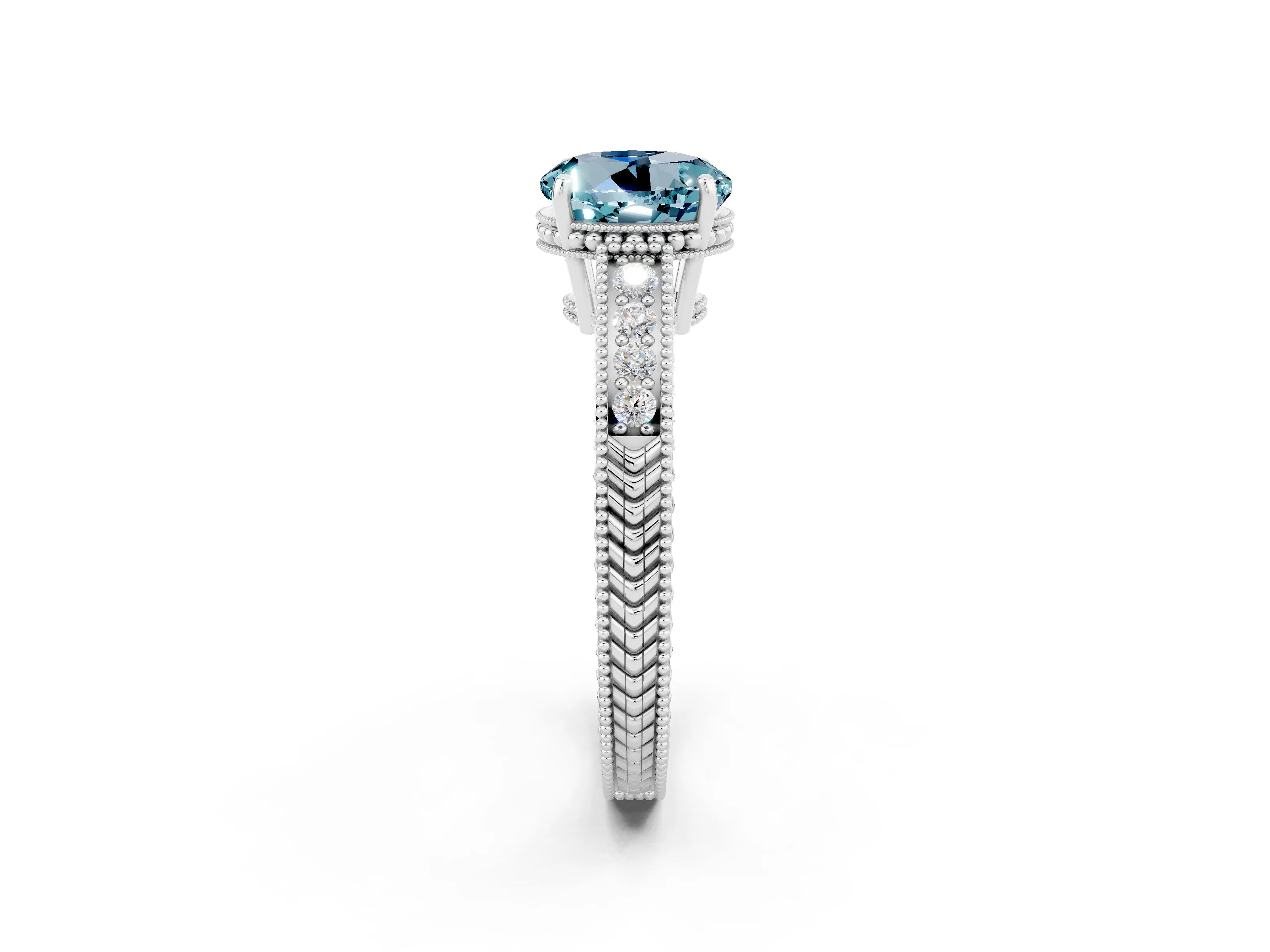 White gold Round Cut Aquamarine Engagement Ring with Milgrain Channel Set Band and Prong Setting_2