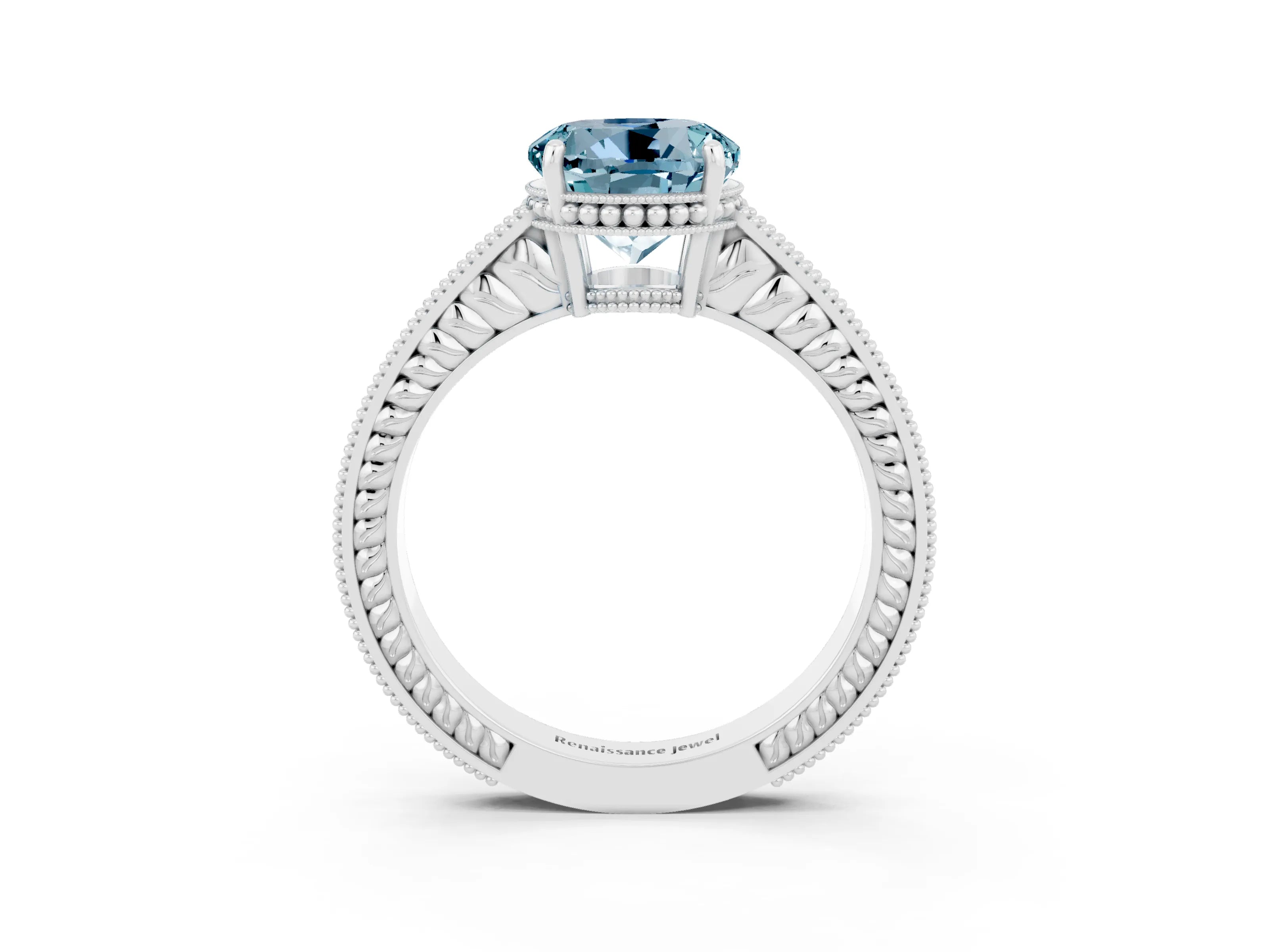 White gold Round Cut Aquamarine Engagement Ring with Milgrain Channel Set Band and Prong Setting_3
