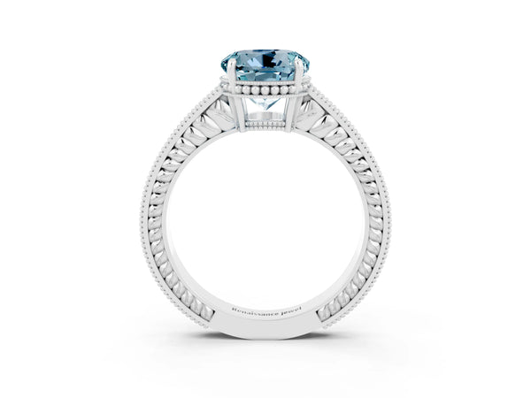 Silver Round Cut Aquamarine Engagement Ring with Milgrain Channel Set Band and Prong Setting