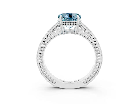 White gold Round Cut Aquamarine Engagement Ring with Milgrain Channel Set Band and Prong Setting_3