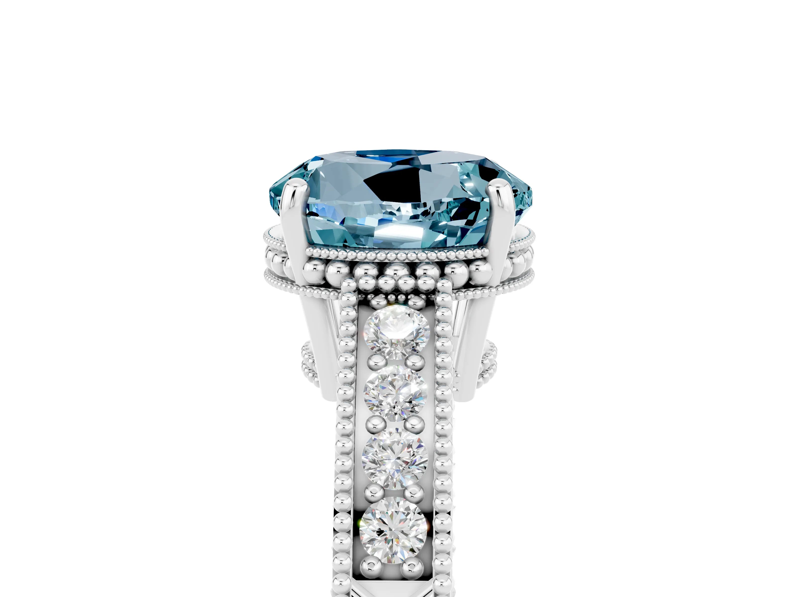 White gold Round Cut Aquamarine Engagement Ring with Milgrain Channel Set Band and Prong Setting_5