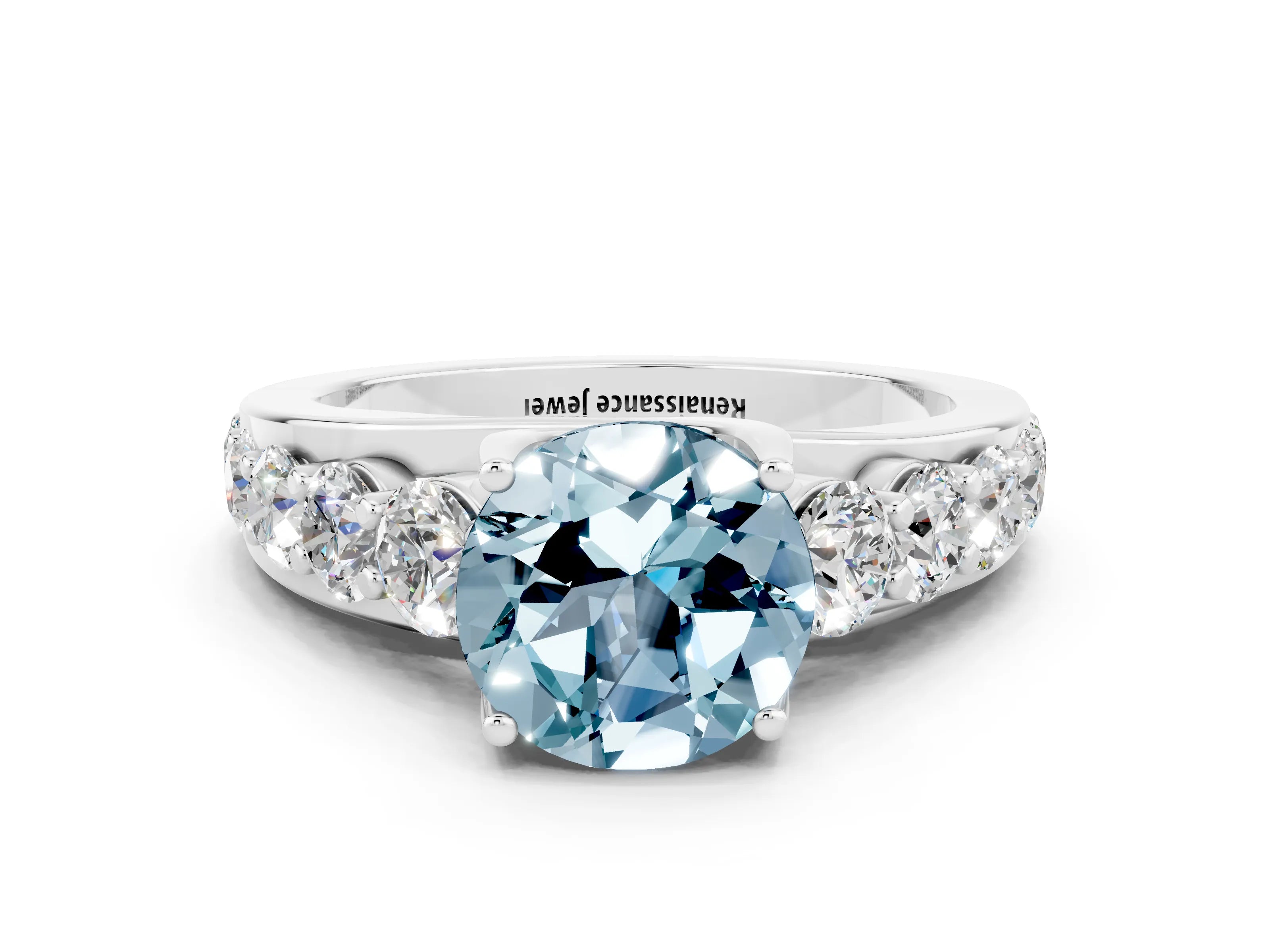 White gold Round Cut Aquamarine Engagement Ring with Pavé Band and Four-Prong Setting