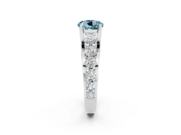Silver Round Cut Aquamarine Engagement Ring with Pavé Band and Four-Prong Setting