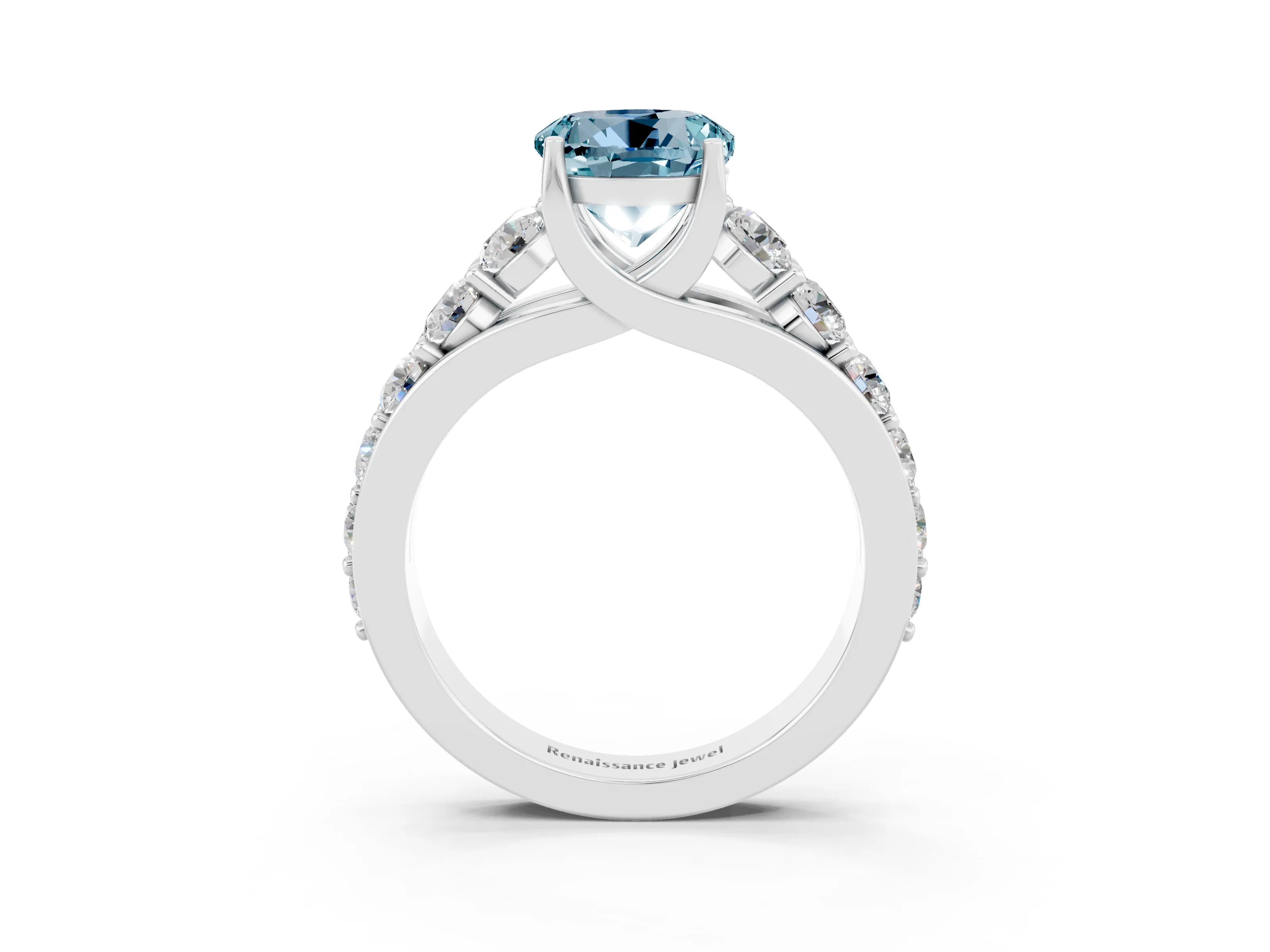 White gold Round Cut Aquamarine Engagement Ring with Pavé Band and Four-Prong Setting_3