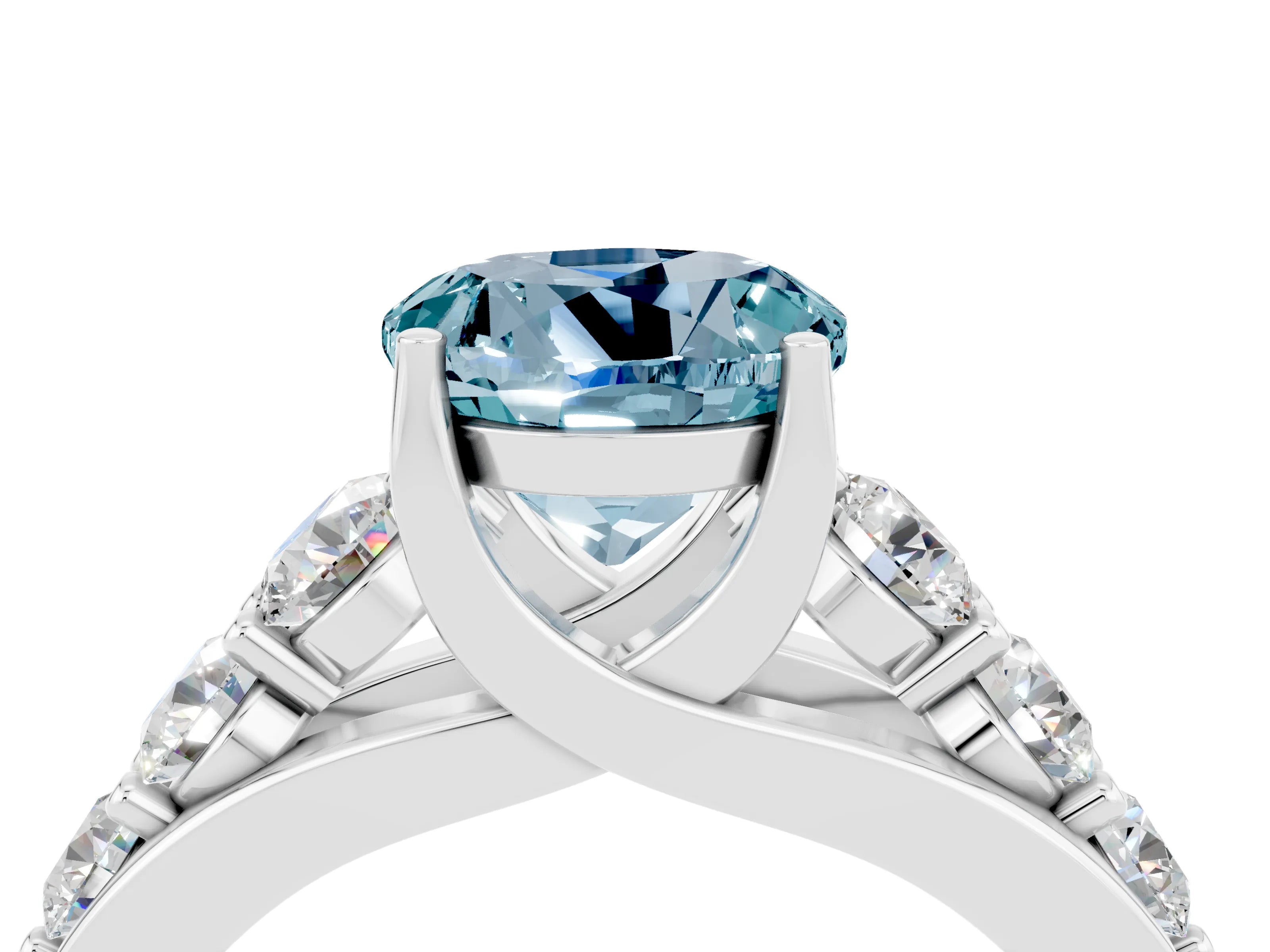 White gold Round Cut Aquamarine Engagement Ring with Pavé Band and Four-Prong Setting_4