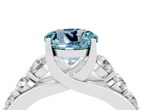 White gold Round Cut Aquamarine Engagement Ring with Pavé Band and Four-Prong Setting_4