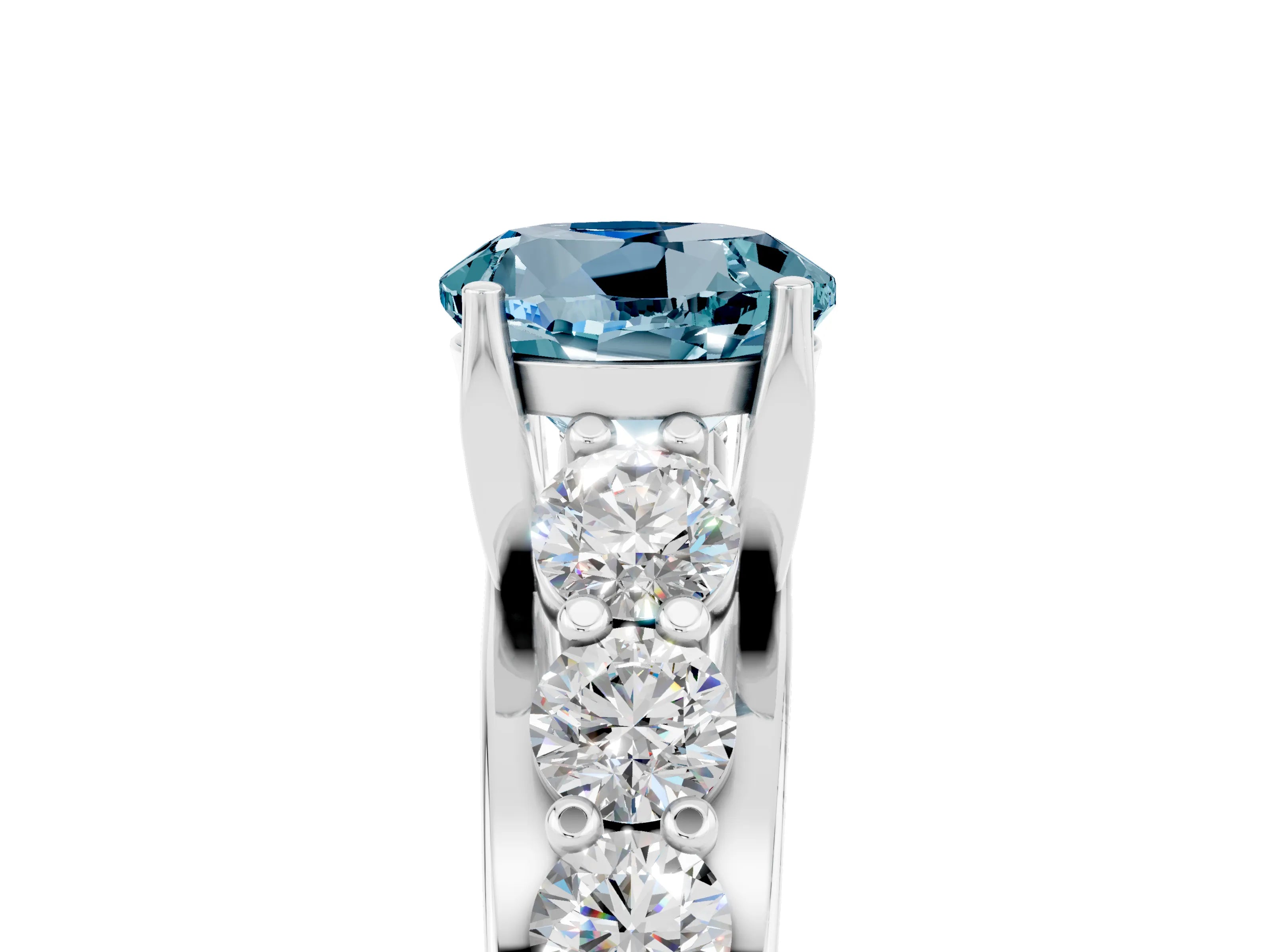 White gold Round Cut Aquamarine Engagement Ring with Pavé Band and Four-Prong Setting_5
