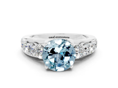 White gold Round Cut Aquamarine Engagement Ring with Pavé Band and Four-Prong Setting