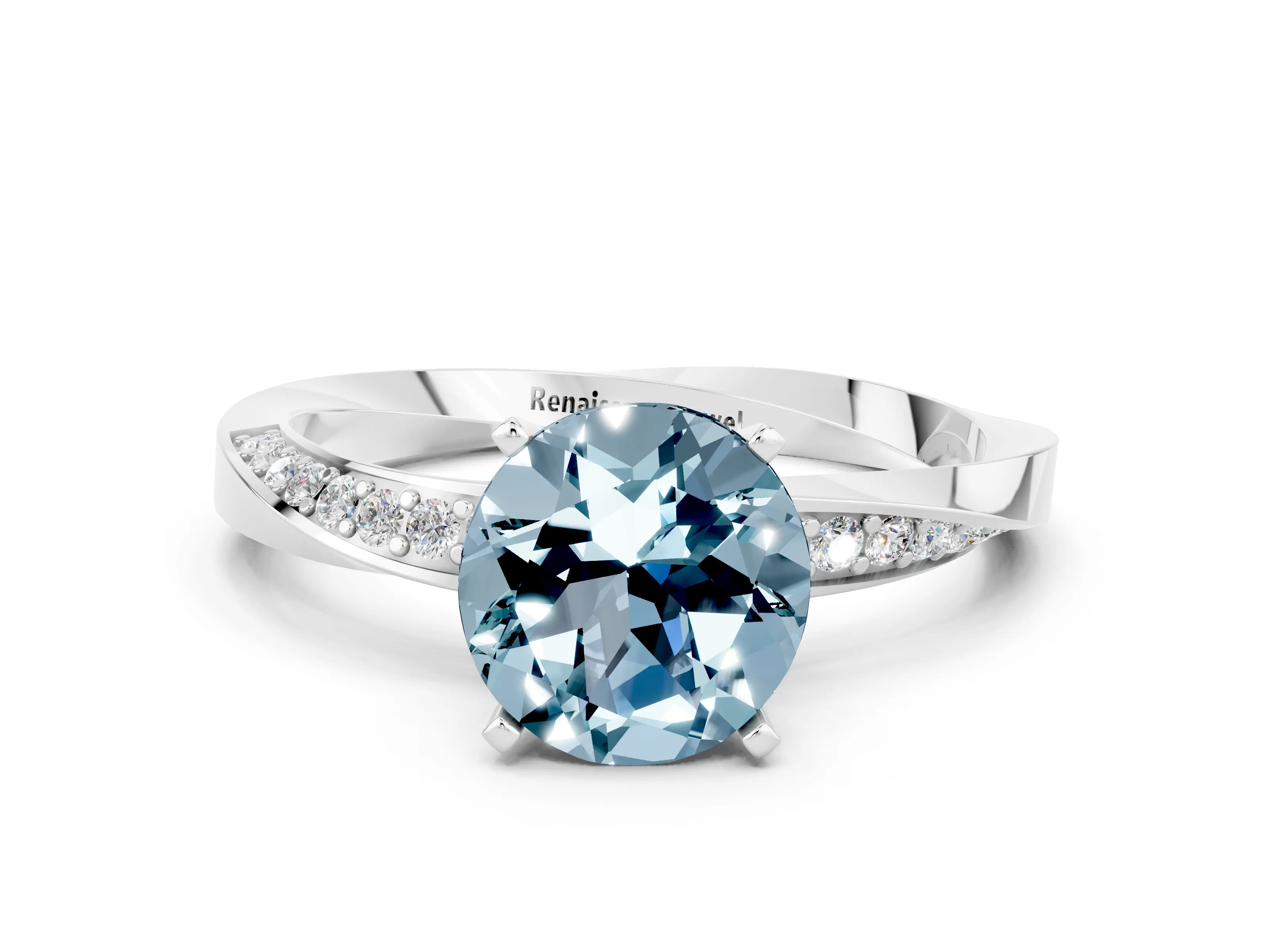 White gold Round Cut Aquamarine Engagement Ring with Side Stone Accents and Four-Prong Setting_49