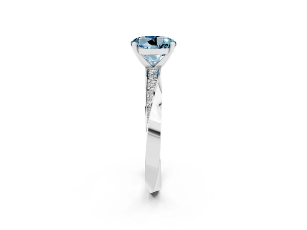 Silver Round Cut Aquamarine Engagement Ring with Side Stone Accents and Four-Prong Setting