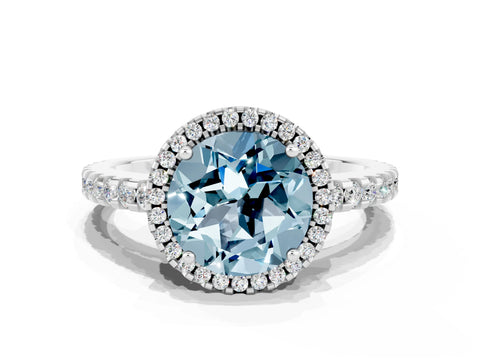 White gold Round Cut Aquamarine Halo Engagement Ring with Pavé Band and Prong Setting_12