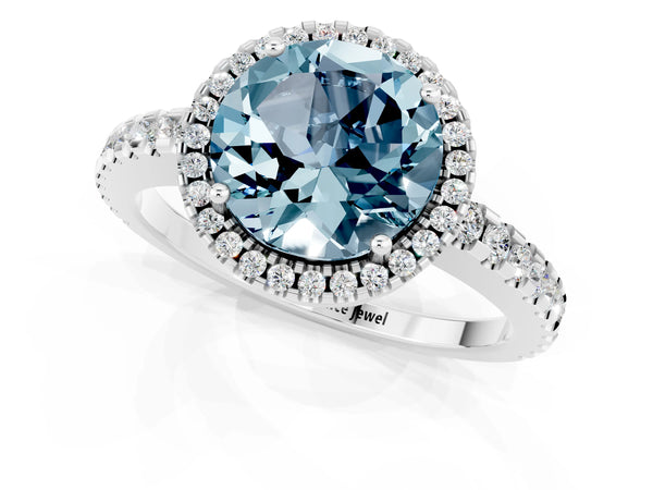 Platinum Round Cut Aquamarine Halo Engagement Ring with Pavé Band and Prong Setting