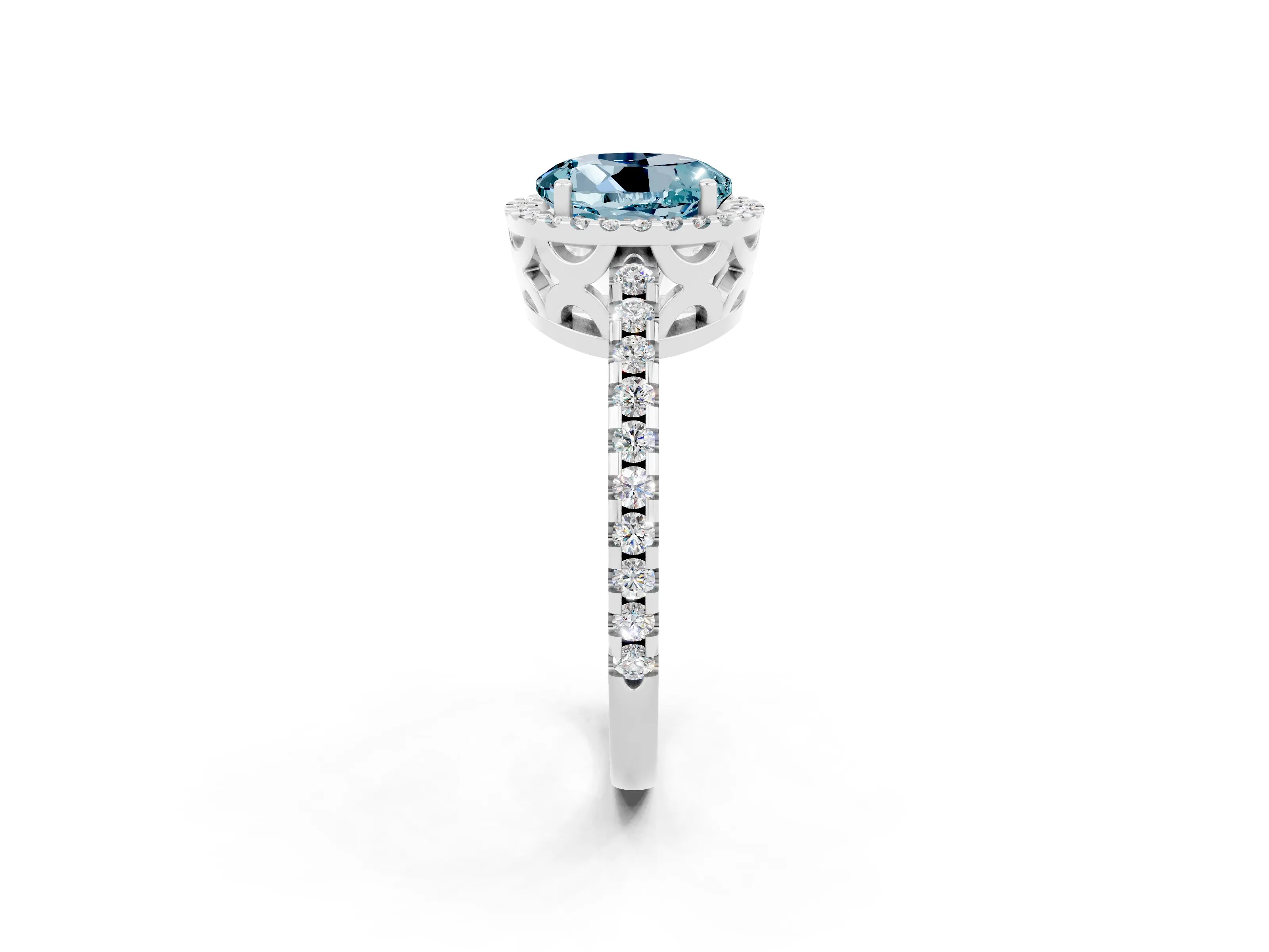 White gold Round Cut Aquamarine Halo Engagement Ring with Pavé Band and Prong Setting_14