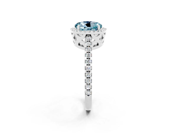 White gold Round Cut Aquamarine Halo Engagement Ring with Pavé Band and Prong Setting