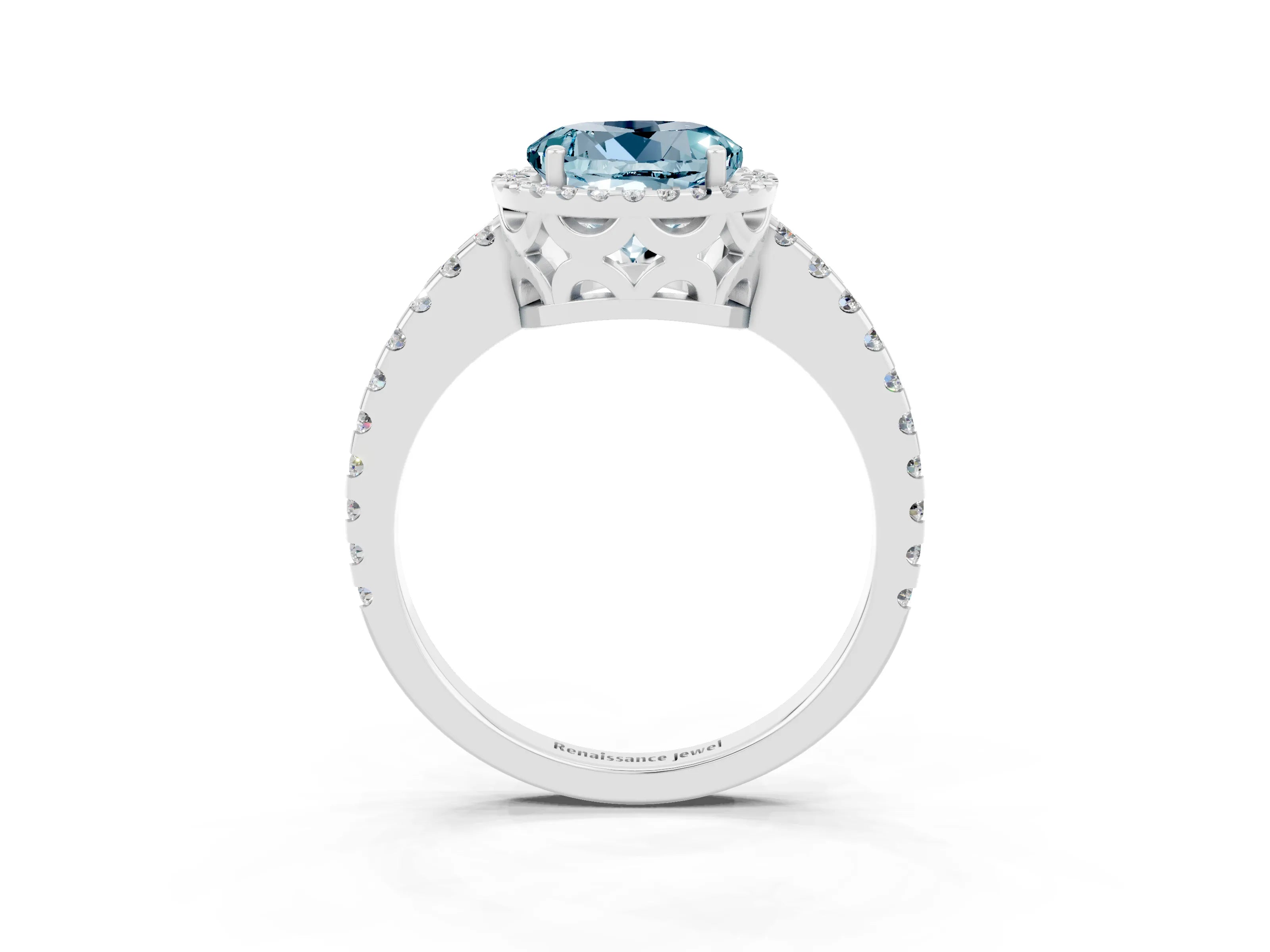 White gold Round Cut Aquamarine Halo Engagement Ring with Pavé Band and Prong Setting_15