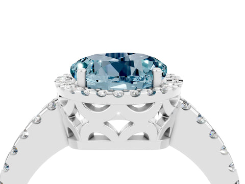 White gold Round Cut Aquamarine Halo Engagement Ring with Pavé Band and Prong Setting_16