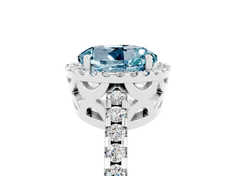 White gold Round Cut Aquamarine Halo Engagement Ring with Pavé Band and Prong Setting_17